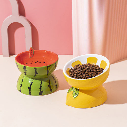 Ceramic watermelon and lemon fruit pet food bowl for cat and dog