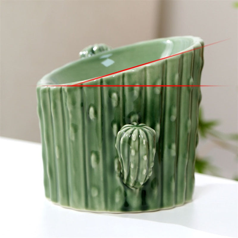 Ceramic Green Cactus Dog Cat Food Bowl